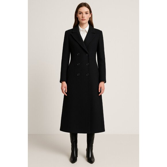 Jones New York Women’s Wool Blend Long Coat Black Double Breasted Belted Back 4 - Picture 2 of 15